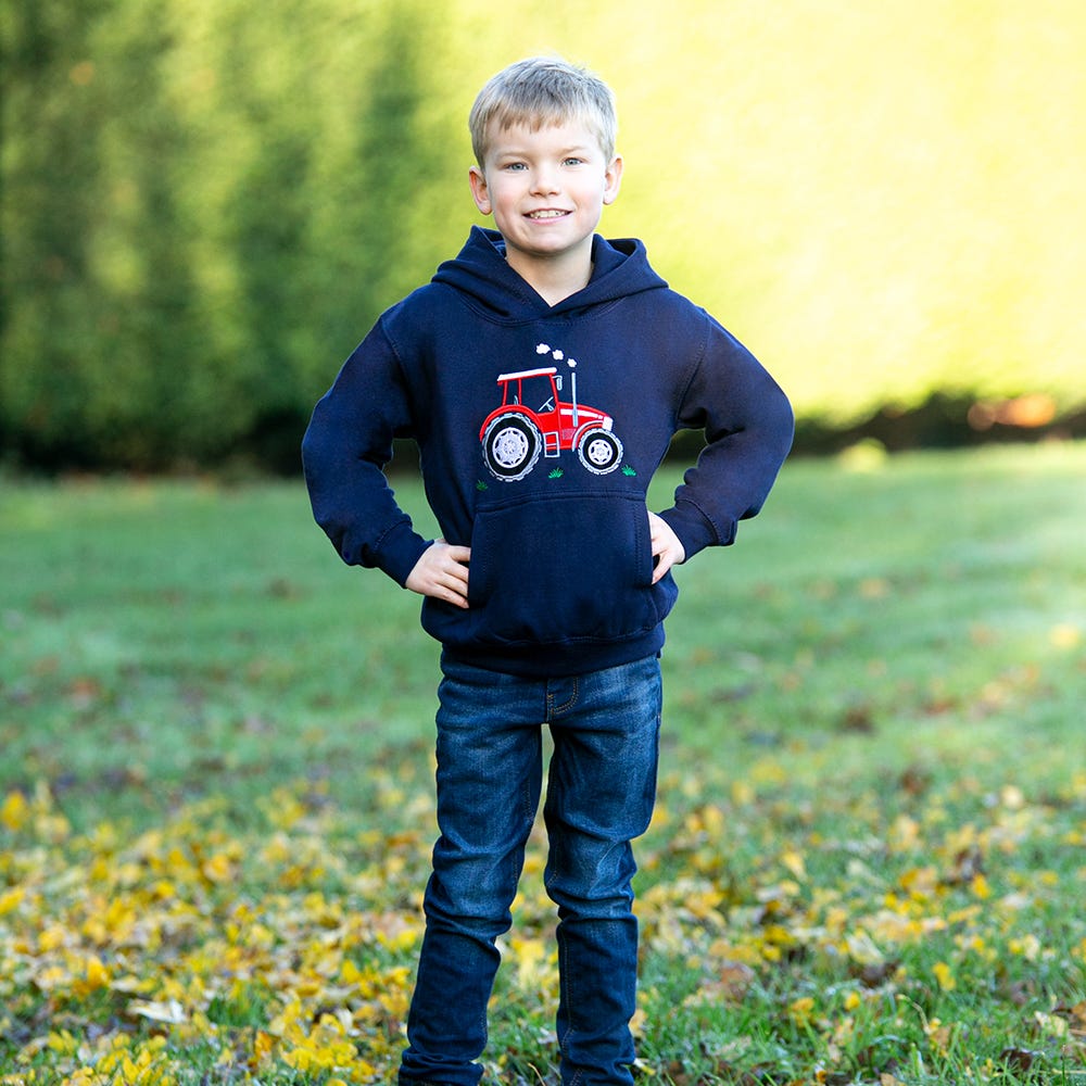 British Country Collection Big Red Tractor Childrens Applique Hoodie image 1